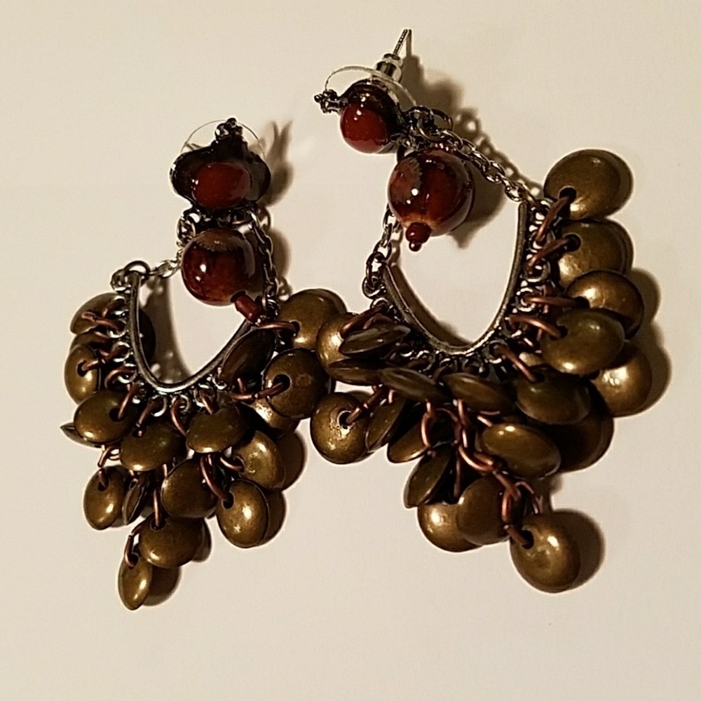 Cluster Drop Pierced Earrings Bronze Burgundy Beads